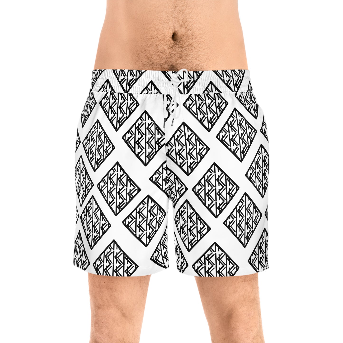 Stylish Men's Mid-Length Swim Shorts - Modern Black and White Geometric Pattern