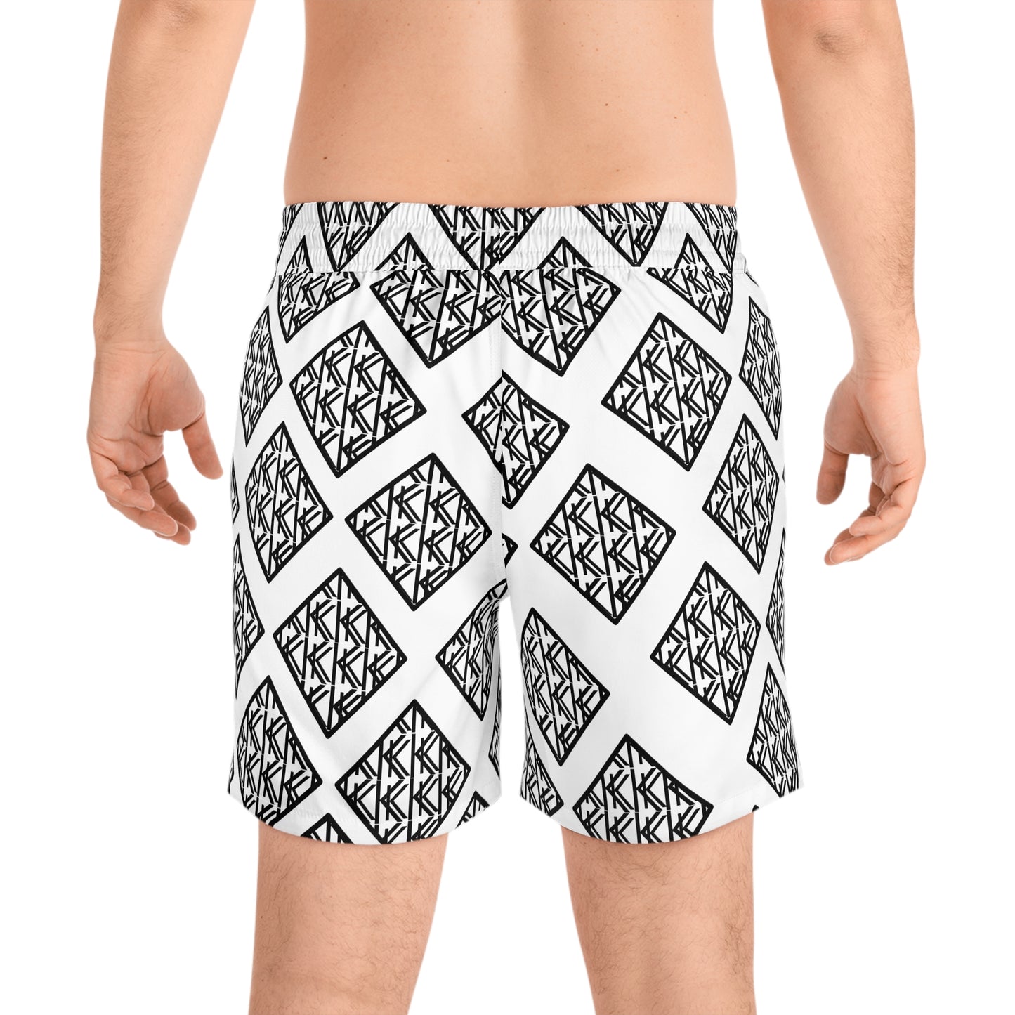 Stylish Men's Mid-Length Swim Shorts - Modern Black and White Geometric Pattern